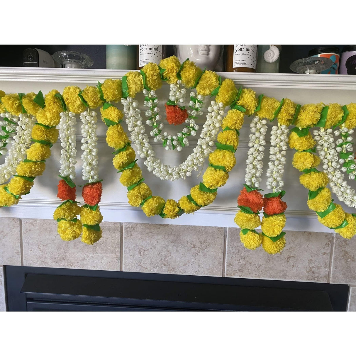 5 Feet Marigold Jasmine Door Toran Hanging Valance Marygold Garland Mantle Window Decor Puja Diwali Decoration Day of the Dead Dia De Los Muertos Ofrenda Mexican Fiesta Halloween Decor - LoveNspire