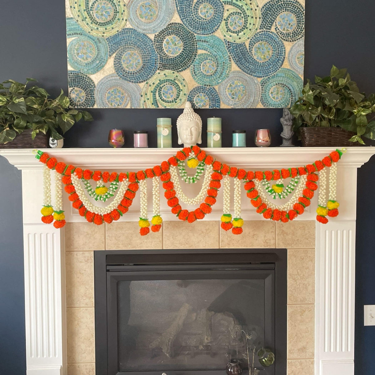 5 Feet Marigold Jasmine Door Toran Hanging Valance Marygold Garland Mantle Window Decor Puja Diwali Decoration Day of the Dead Dia De Los Muertos Ofrenda Mexican Fiesta Halloween Decor - LoveNspire