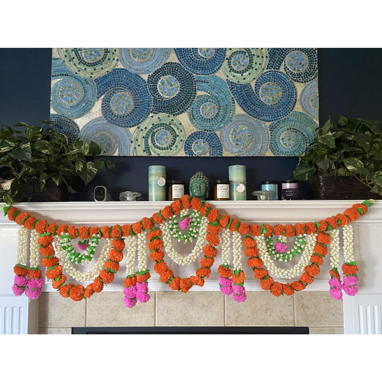 5 Feet Marigold Jasmine Door Toran Hanging Valance Marygold Garland Mantle Window Decor Puja Diwali Decoration Day of the Dead Dia De Los Muertos Ofrenda Mexican Fiesta Halloween Decor - LoveNspire