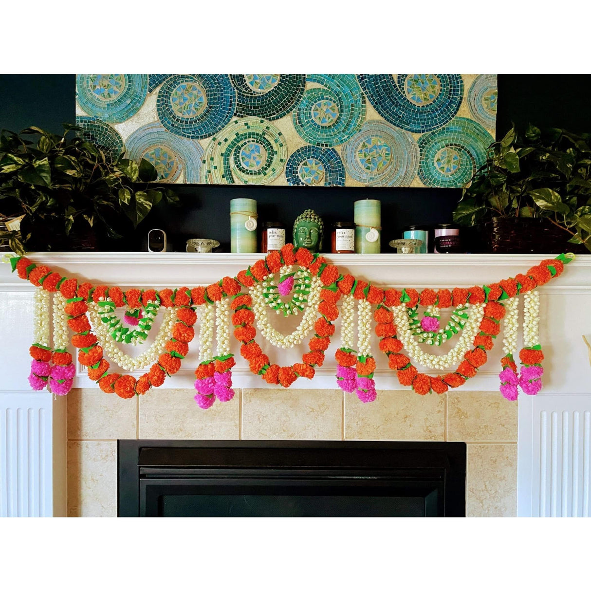 5 Feet Marigold Jasmine Door Toran Hanging Valance Marygold Garland Mantle Window Decor Puja Diwali Decoration Day of the Dead Dia De Los Muertos Ofrenda Mexican Fiesta Halloween Decor - LoveNspire