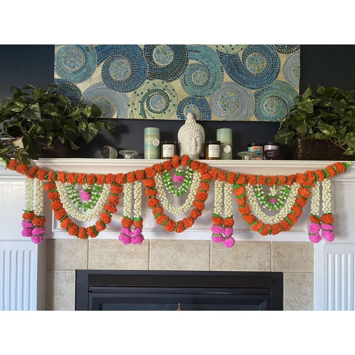 5 Feet Marigold Jasmine Door Toran Hanging Valance Marygold Garland Mantle Window Decor Puja Diwali Decoration Day of the Dead Dia De Los Muertos Ofrenda Mexican Fiesta Halloween Decor - LoveNspire