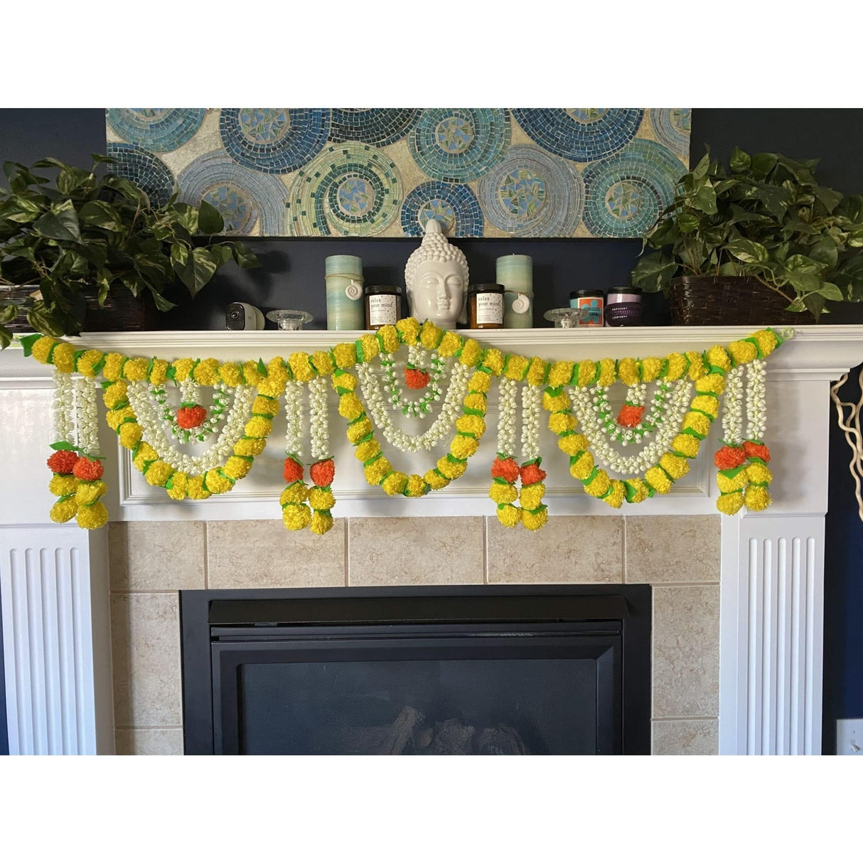 5 Feet Marigold Jasmine Door Toran Hanging Valance Marygold Garland Mantle Window Decor Puja Diwali Decoration Day of the Dead Dia De Los Muertos Ofrenda Mexican Fiesta Halloween Decor - LoveNspire