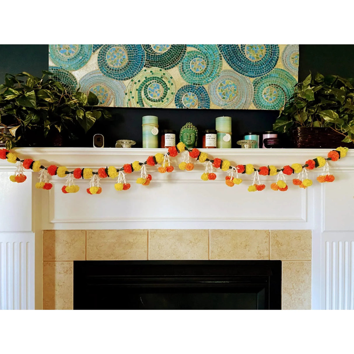 5 Feet Marigold Jasmine Yellow Orange Door Toran Hanging Valance Marygold Garland Mantle Decor Puja Diwali Decoration Day of the Dead Dia De Los Muertos Mexican Fiesta Halloween Decor - LoveNspire