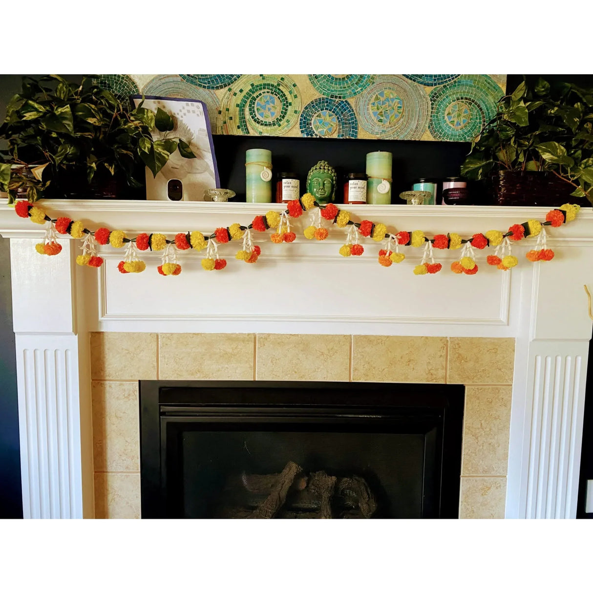 5 Feet Marigold Jasmine Yellow Orange Door Toran Hanging Valance Marygold Garland Mantle Decor Puja Diwali Decoration Day of the Dead Dia De Los Muertos Mexican Fiesta Halloween Decor - LoveNspire