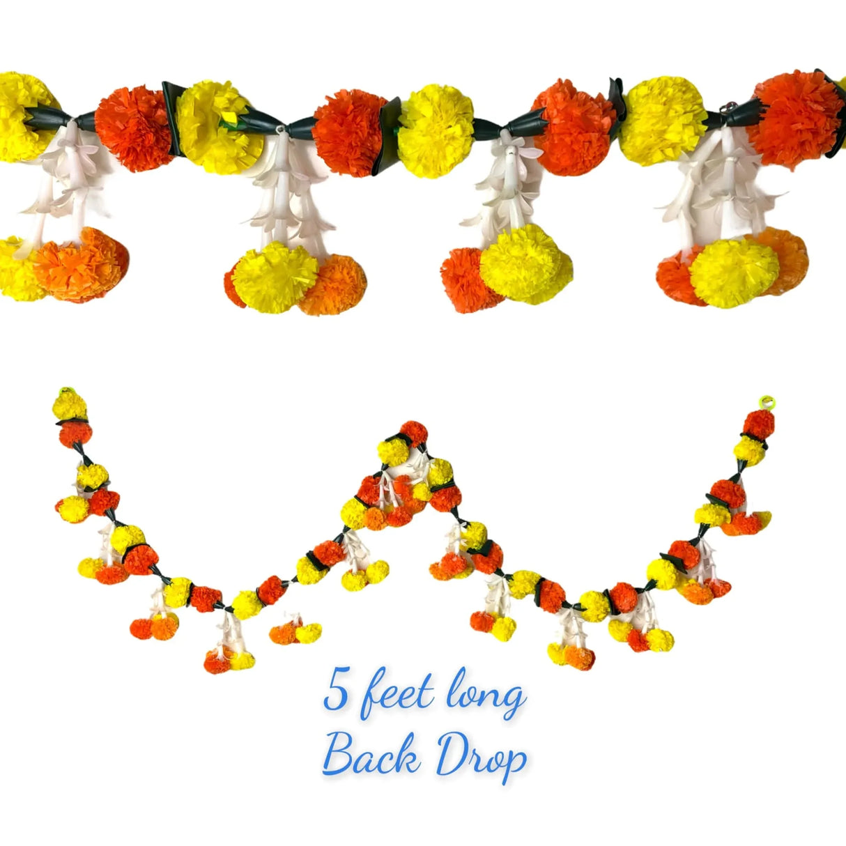 5 Feet Marigold Jasmine Yellow Orange Door Toran Hanging Valance Marygold Garland Mantle Decor Puja Diwali Decoration Day of the Dead Dia De Los Muertos Mexican Fiesta Halloween Decor - LoveNspire