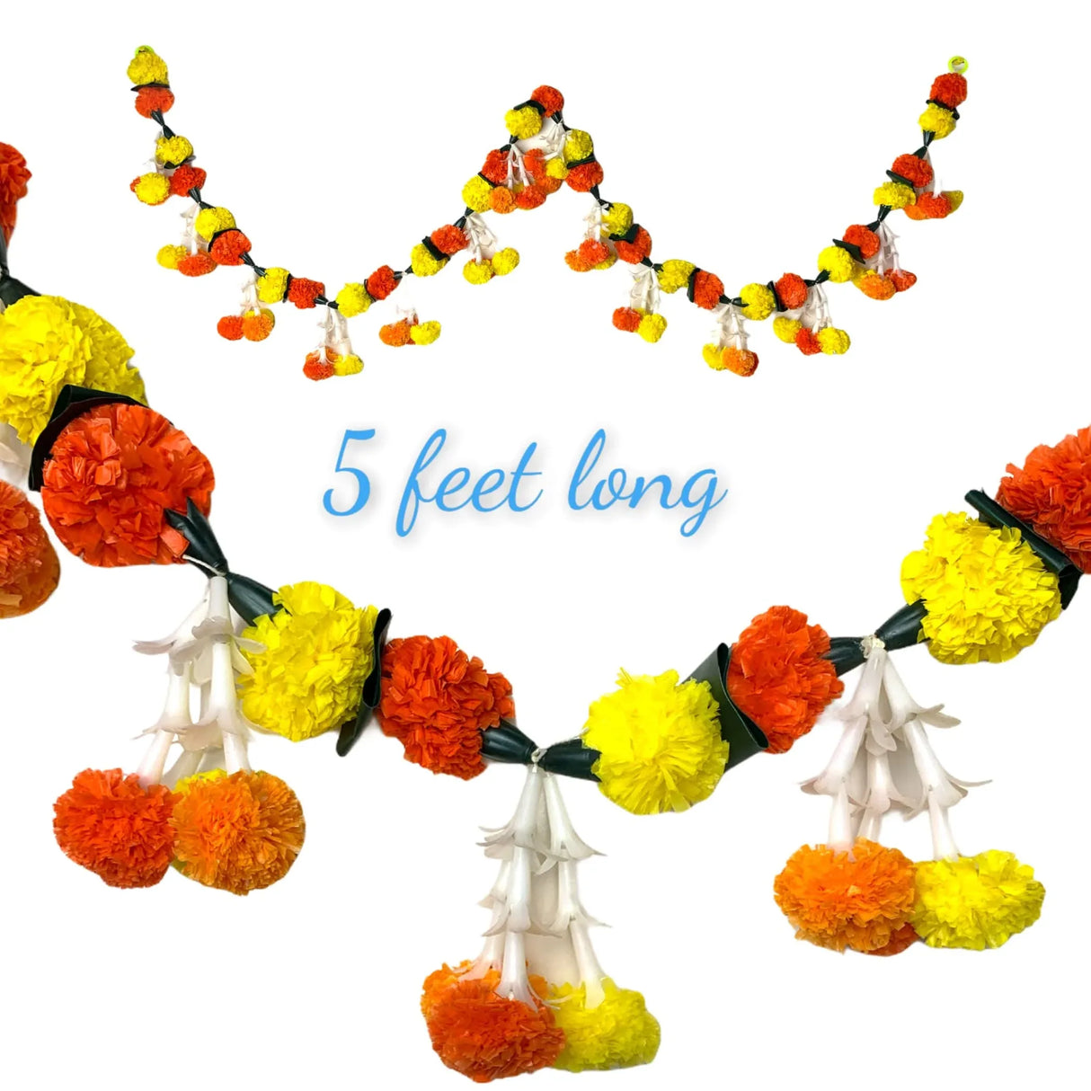 5 Feet Marigold Jasmine Yellow Orange Door Toran Hanging Valance Marygold Garland Mantle Decor Puja Diwali Decoration Day of the Dead Dia De Los Muertos Mexican Fiesta Halloween Decor - LoveNspire