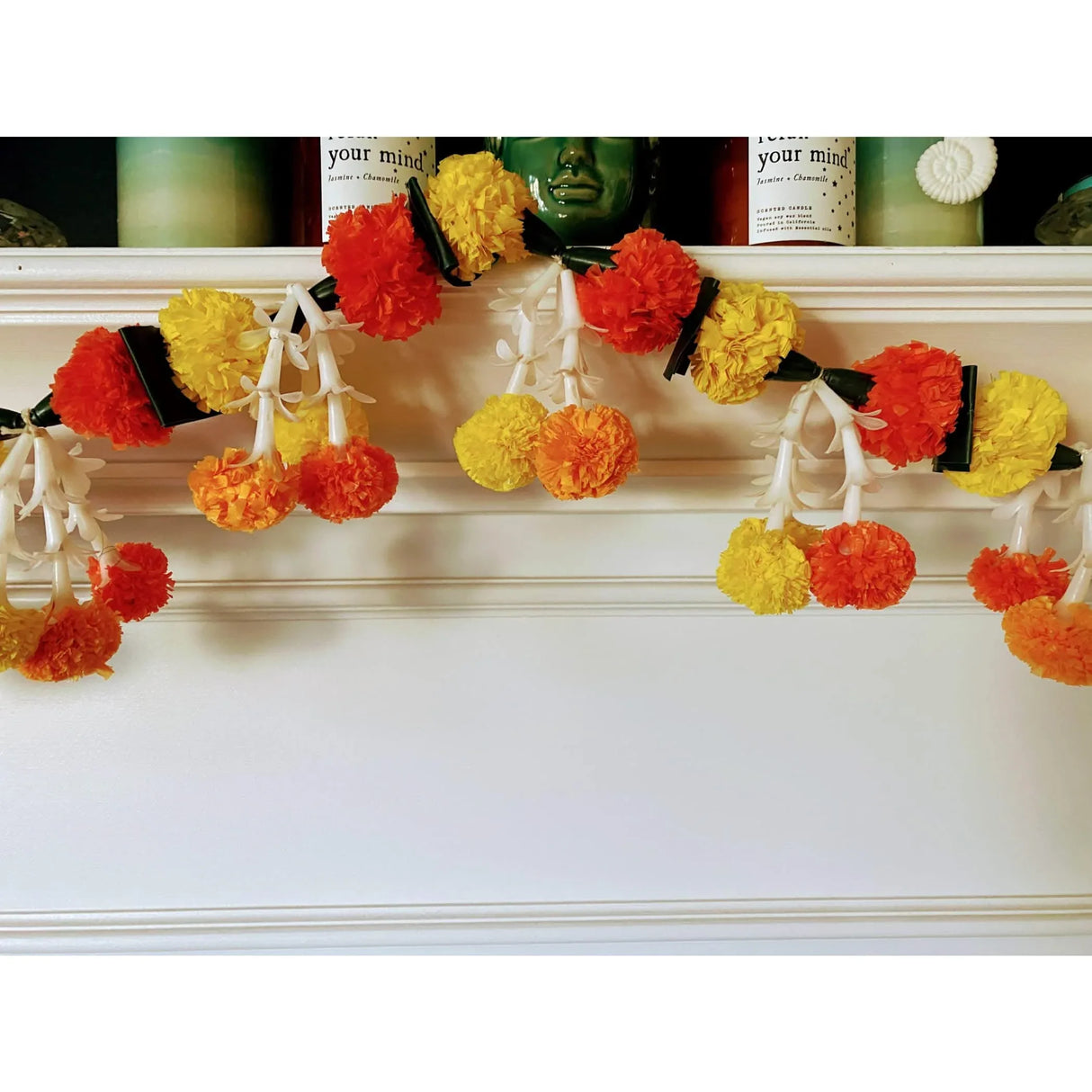 5 Feet Marigold Jasmine Yellow Orange Door Toran Hanging Valance Marygold Garland Mantle Decor Puja Diwali Decoration Day of the Dead Dia De Los Muertos Mexican Fiesta Halloween Decor - LoveNspire