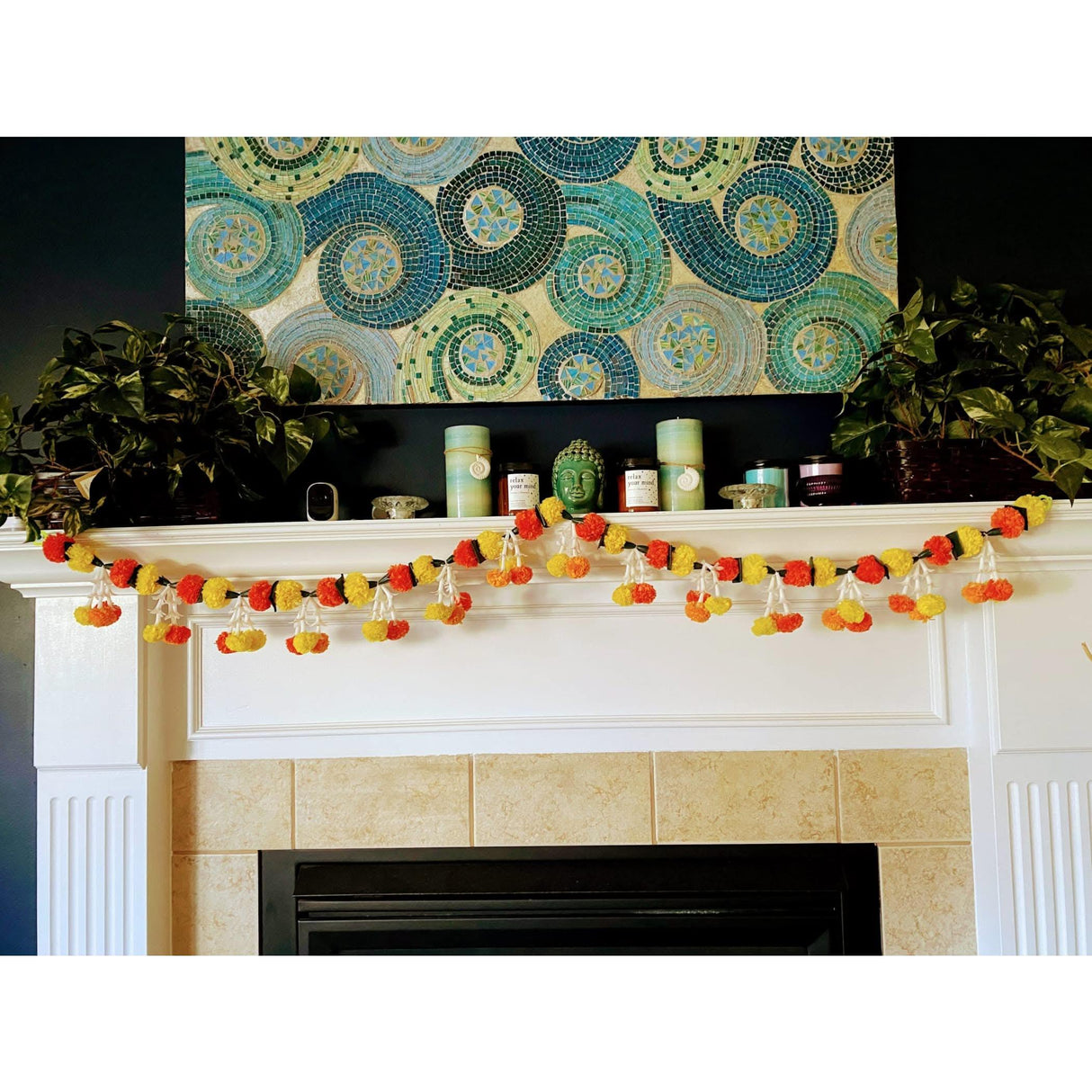 5 Feet Marigold Jasmine Yellow Orange Door Toran Hanging Valance Marygold Garland Mantle Decor Puja Diwali Decoration Day of the Dead Dia De Los Muertos Mexican Fiesta Halloween Decor - LoveNspire