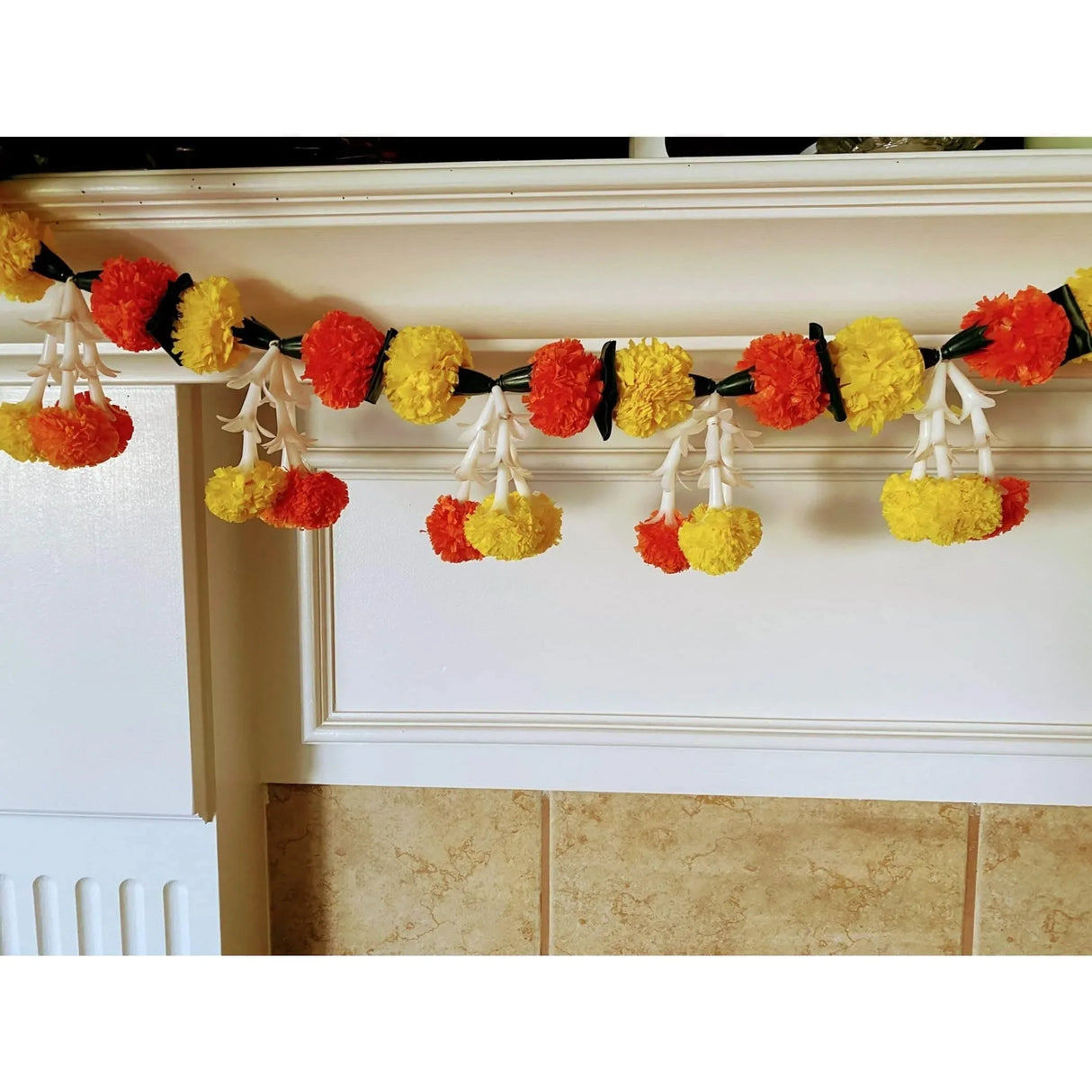 5 Feet Marigold Jasmine Yellow Orange Door Toran Hanging Valance Marygold Garland Mantle Decor Puja Diwali Decoration Day of the Dead Dia De Los Muertos Mexican Fiesta Halloween Decor - LoveNspire