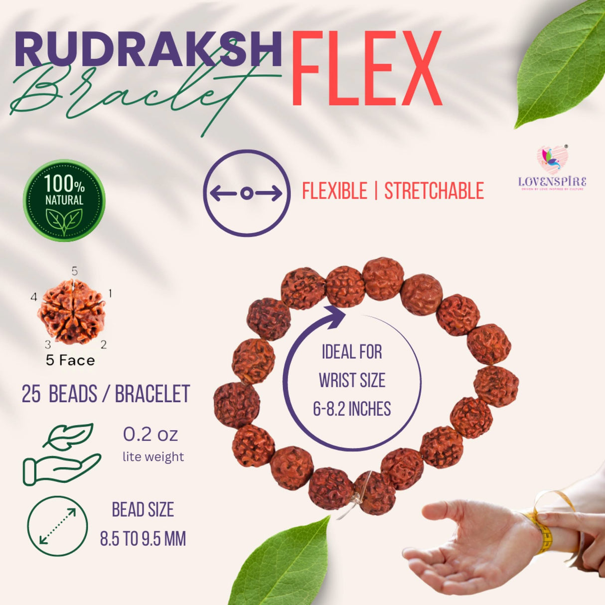 5 Mukhi Rudraksha Bracelet Suitable for Yoga, Meditation 5 Face Nepali Panchmukhi Rudraksh Natural Healing Round Bead Stretchable Elastic Bracelet Daily Fashion Wear Men (8.5 Mm) - LoveNspire