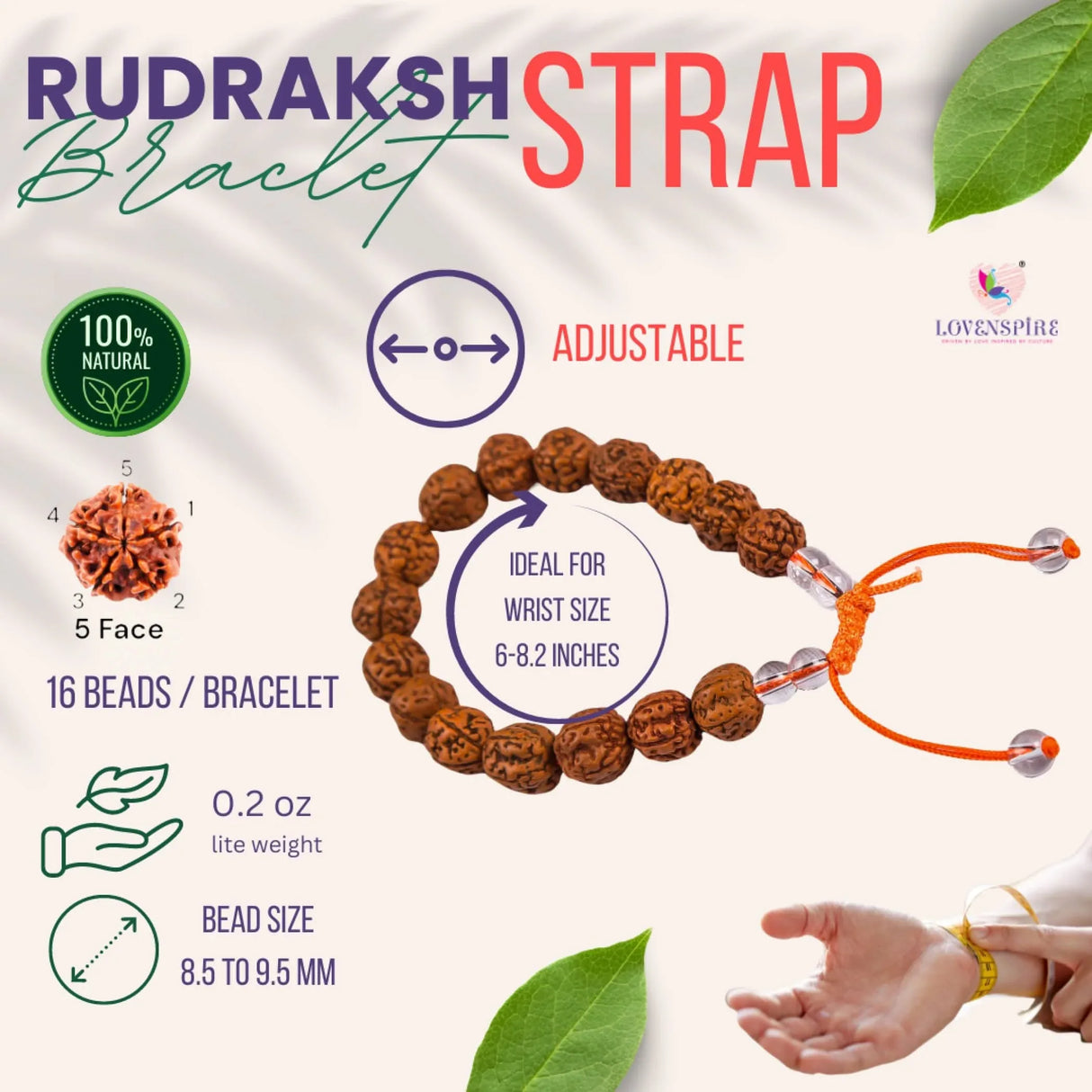 5 Mukhi Rudraksha Bracelet Suitable for Yoga, Meditation 5 Face Nepali Rudraksh Natural Healing Mala Wrist Band Bead Adjustable Bracelet Daily Fashion Wear Men (approx. 8.5 Mm) - LoveNspire