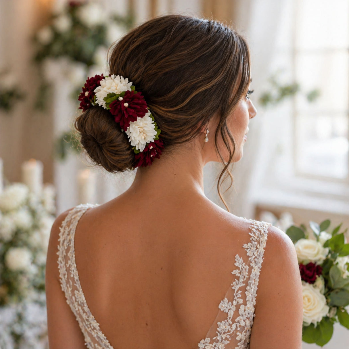 Decorative artificial gajra hair accessory with deep red and white fabric blossoms and green leaves arranged in a bun