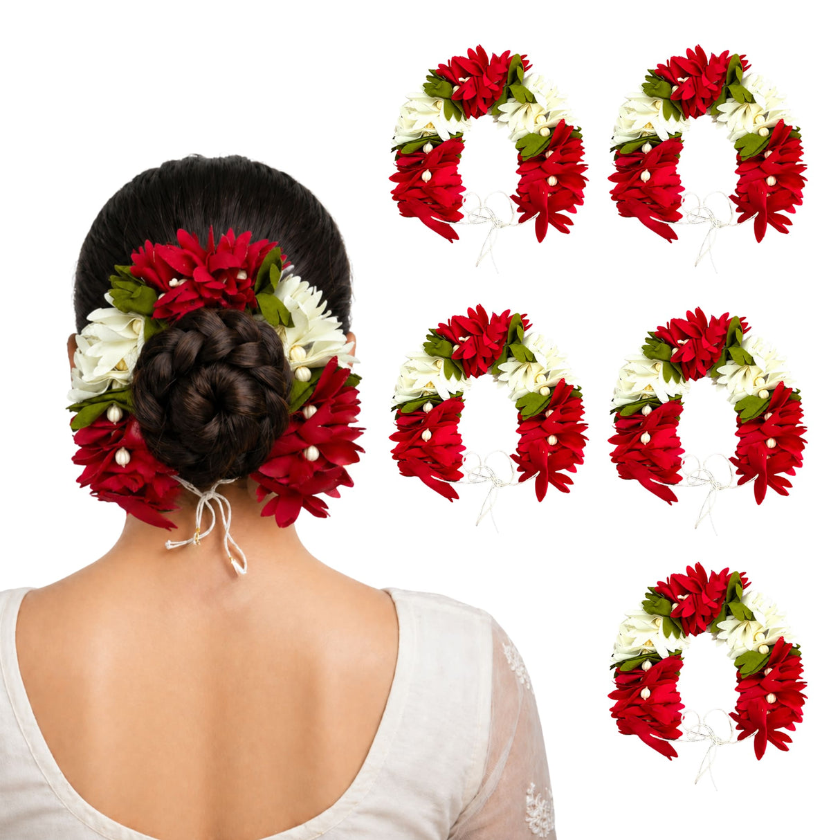 Red and white artificial floral gajra with green leaves and pearl accents for traditional Indian bridal hair accessories