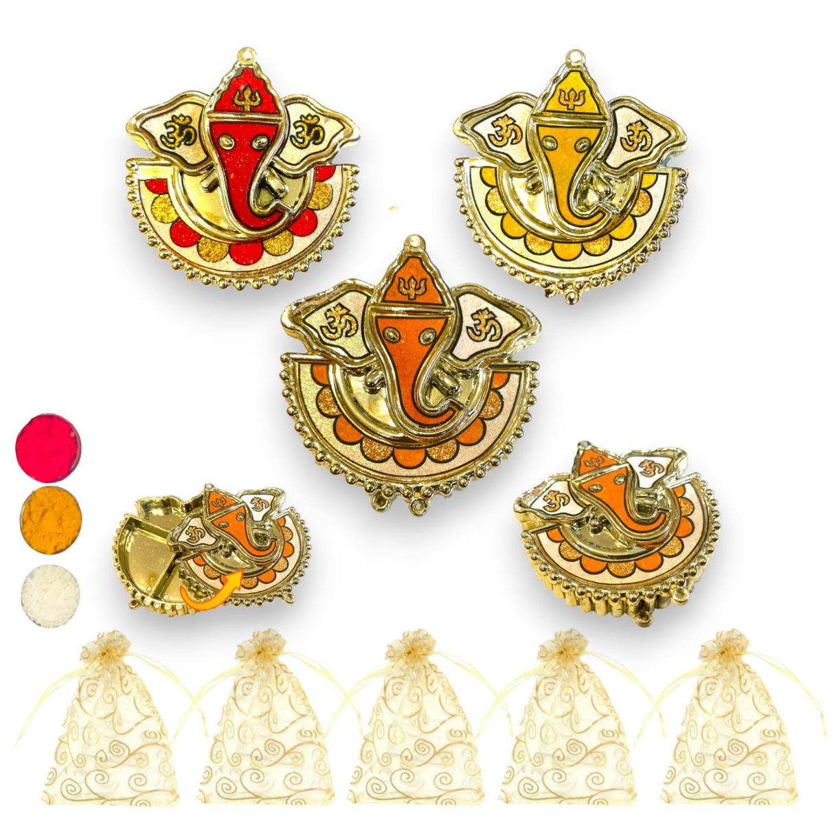 Bulk Decorative Ganesha Haldi Kumkum Holder Roli Chawal / rice Holder Indian Festival Favor Diwali Rakhi Pooja Tilak Platter Housewarming Gifts Wedding Favor - LoveNspire