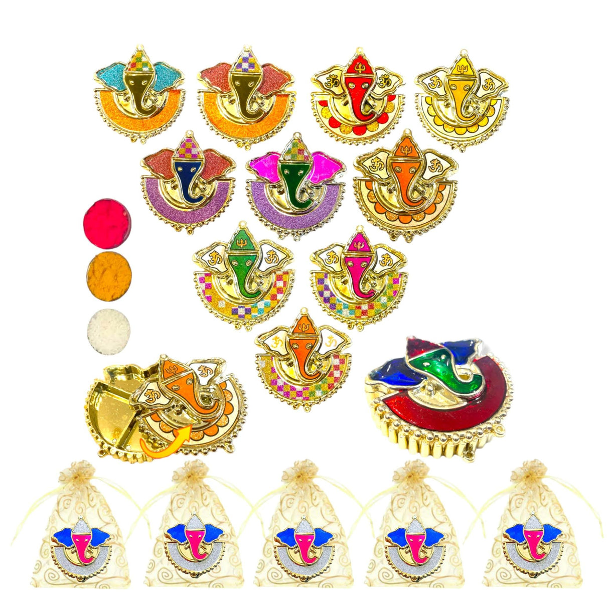 Bulk Decorative Ganesha Haldi Kumkum Holder Roli Chawal / rice Holder Indian Festival Favor Diwali Rakhi Pooja Tilak Platter Housewarming Gifts Wedding Favor - LoveNspire