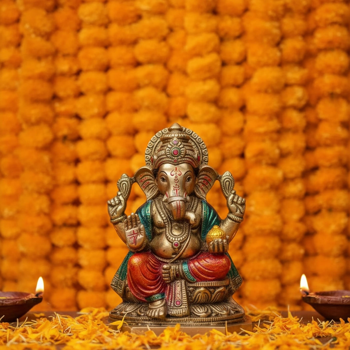 Ornate brass Lord Ganesha idol with colorful accents for festive home decoration