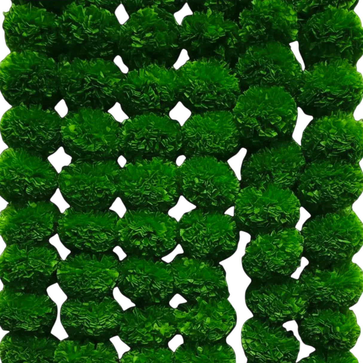 Vibrant green fluffy pom-poms arranged in a grid on artificial marigold flowers garland for festive home decor