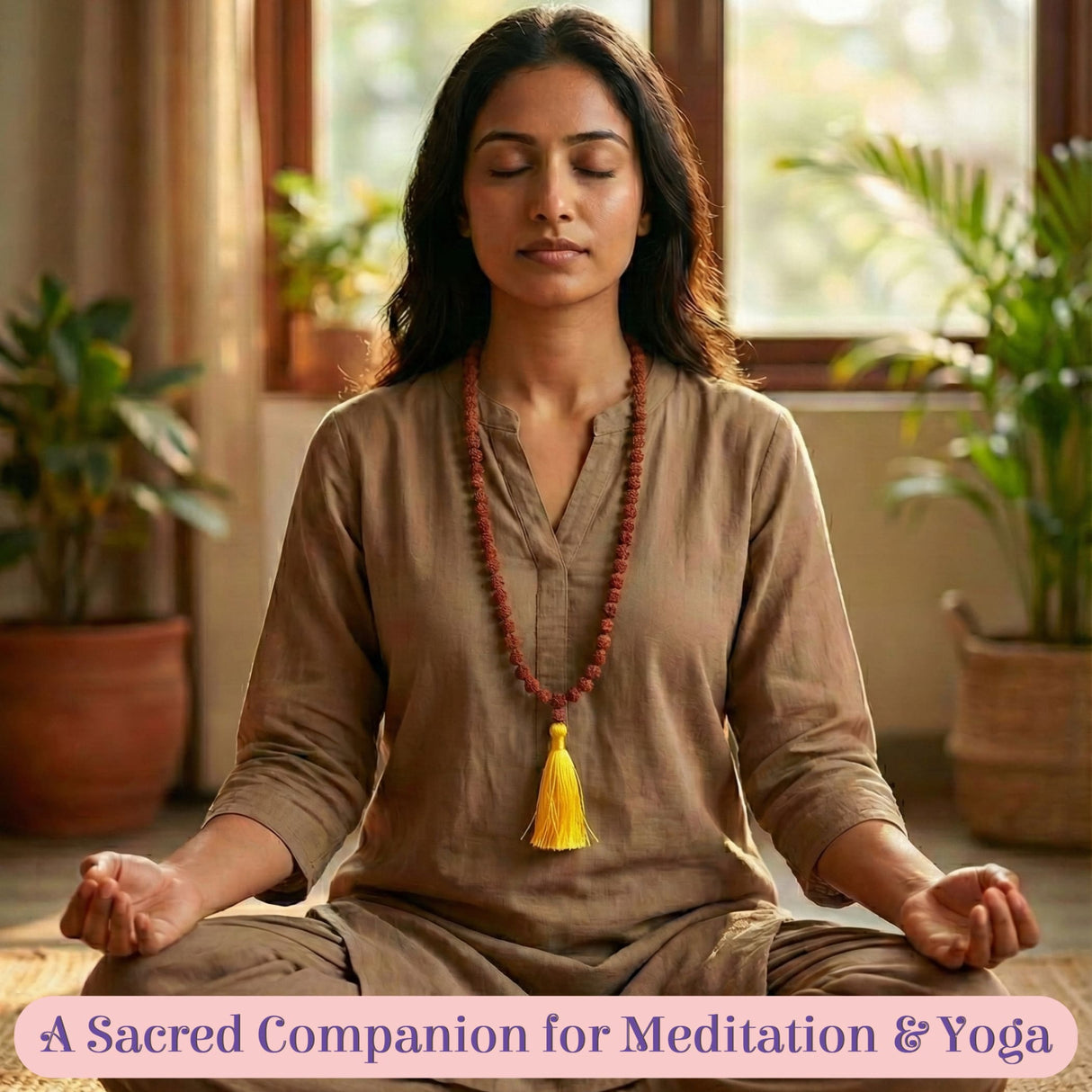 Red 5-face Rudraksha mala necklace with yellow tassel, 108+1 beads