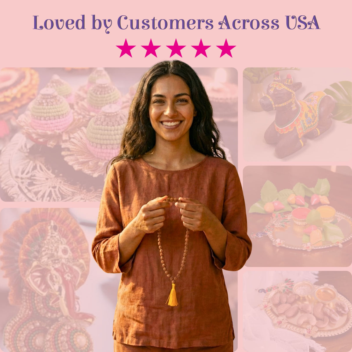 5 face Panchmukhi Rudraksha mala necklace with warm brown wooden beads and tassel