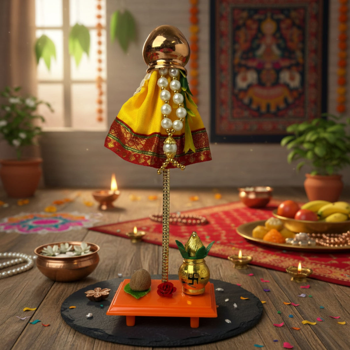 9-inch Readymade Mini Gudi Padwa golden idol with yellow-red drape, pearls