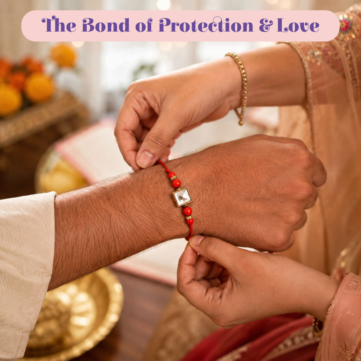 Red cord rakhi with square gold-toned pendant and red beads in raksha bandhan gift hamper set for brother and bhabhi
