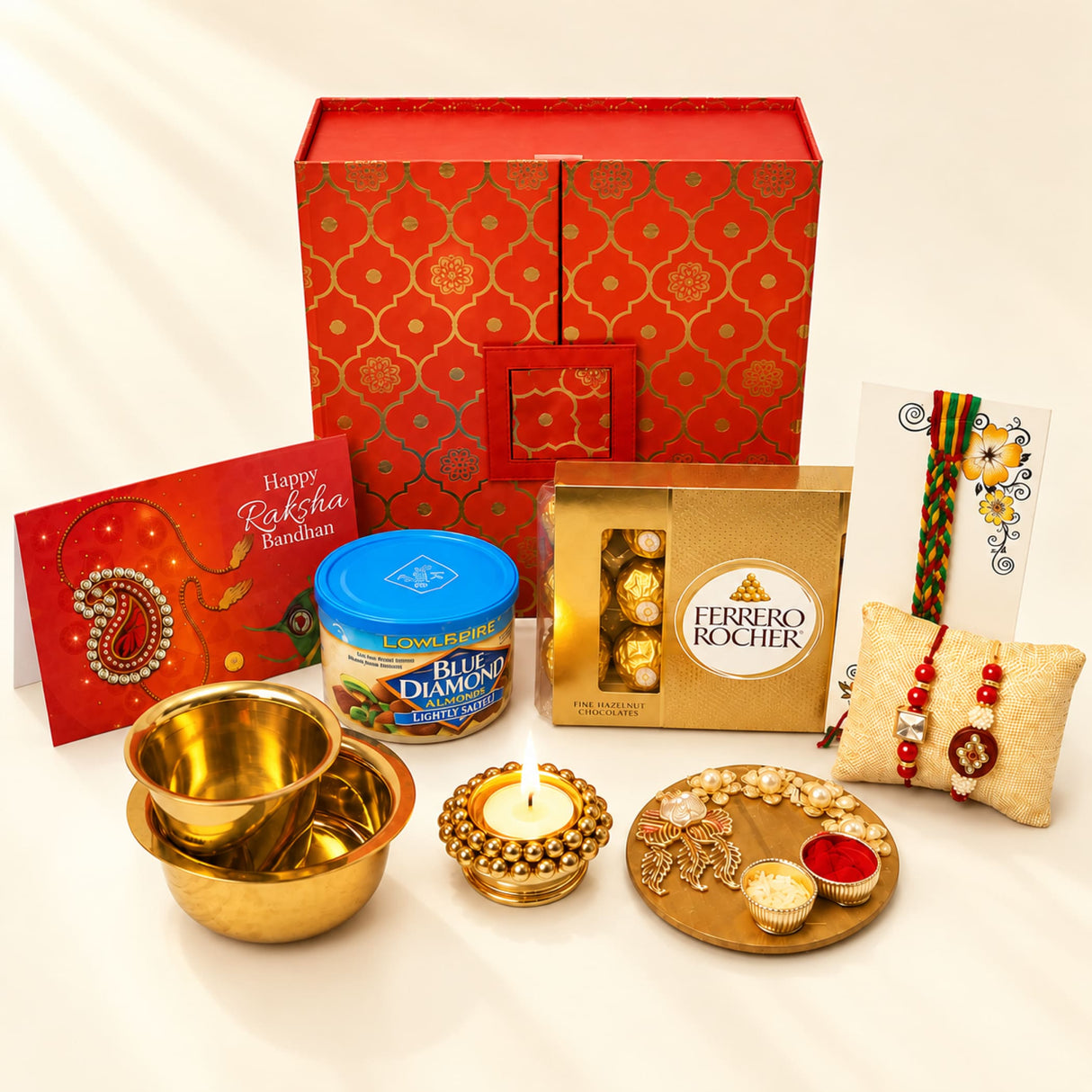 Red ornate gift box with gold patterned design in raksha bandhan gift hamper set for brother and bhabhi