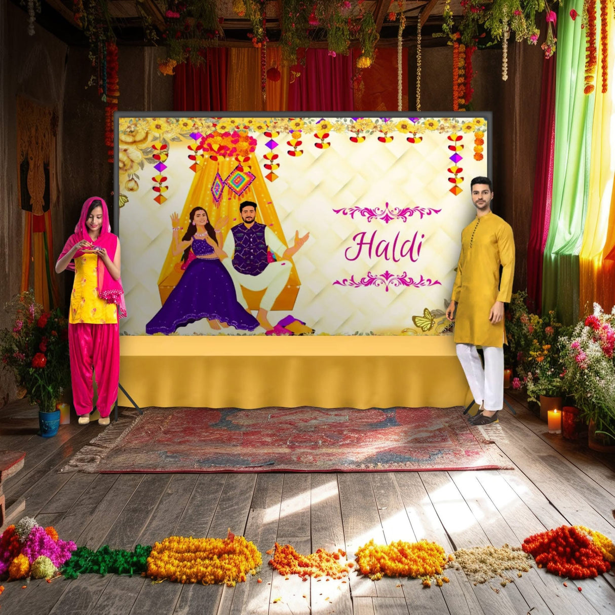 5x8 Feet Haldi Ceremony Backdrop Indian Traditional Cloth Backdrop Haldi Banner Indian Wall Art Photo Decor Banner Indian Wedding Backdrop Decorative Cloth Haldi Stage Decor - LoveNspire