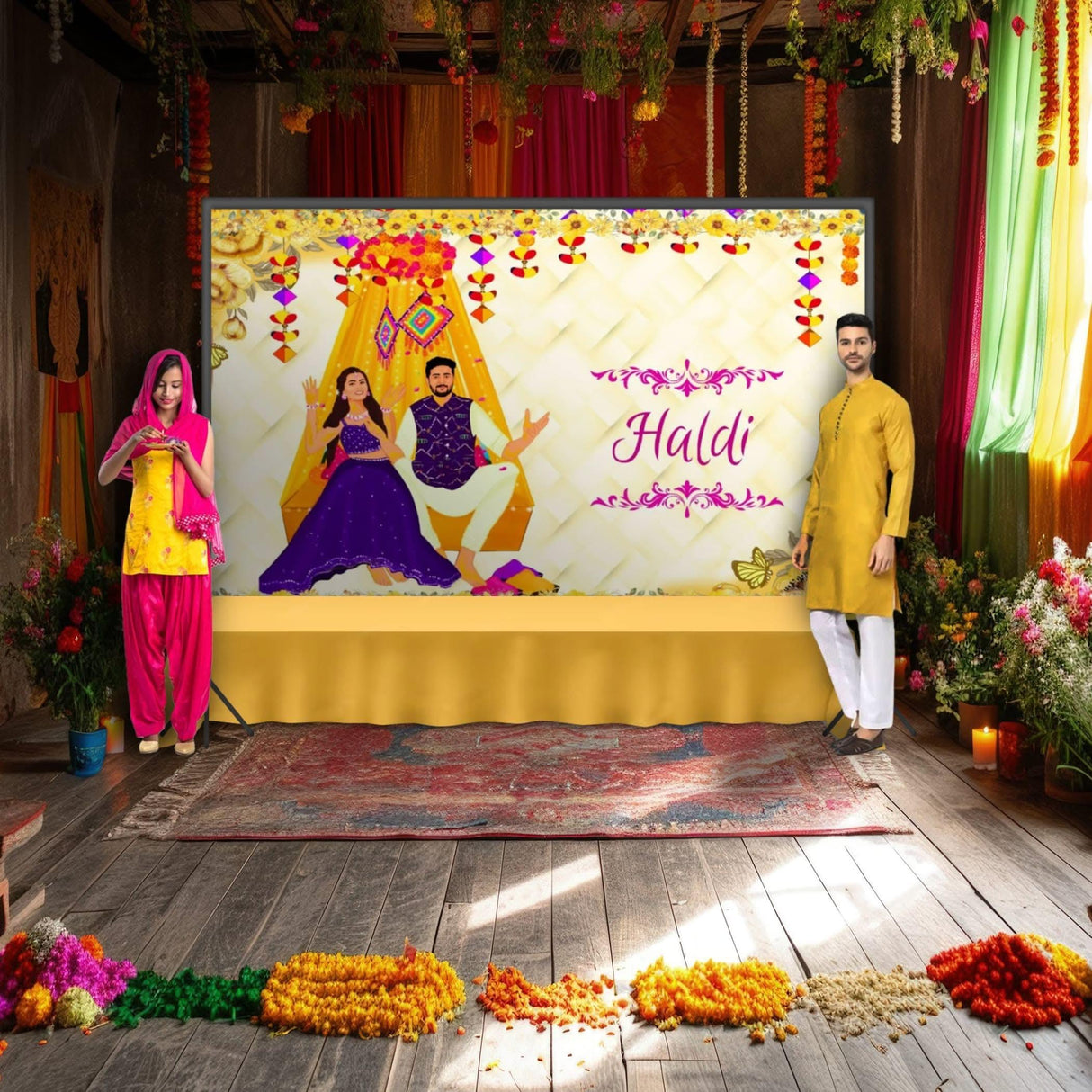 5x8 Feet Haldi Ceremony Backdrop Indian Traditional Cloth Backdrop Haldi Banner Indian Wall Art Photo Decor Banner Indian Wedding Backdrop Decorative Cloth Haldi Stage Decor - LoveNspire