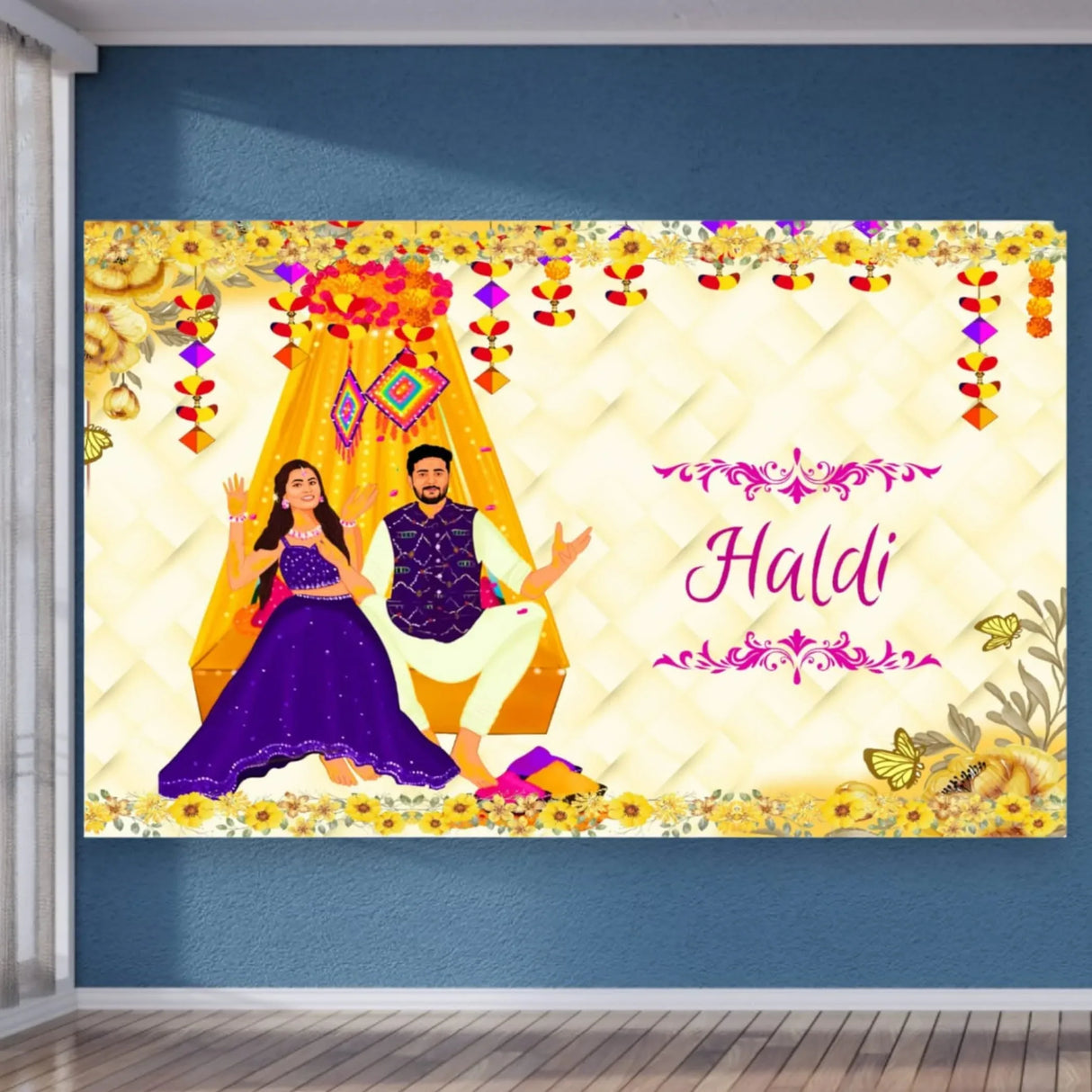 5x8 Feet Haldi Ceremony Backdrop Indian Traditional Cloth Backdrop Haldi Banner Indian Wall Art Photo Decor Banner Indian Wedding Backdrop Decorative Cloth Haldi Stage Decor - LoveNspire