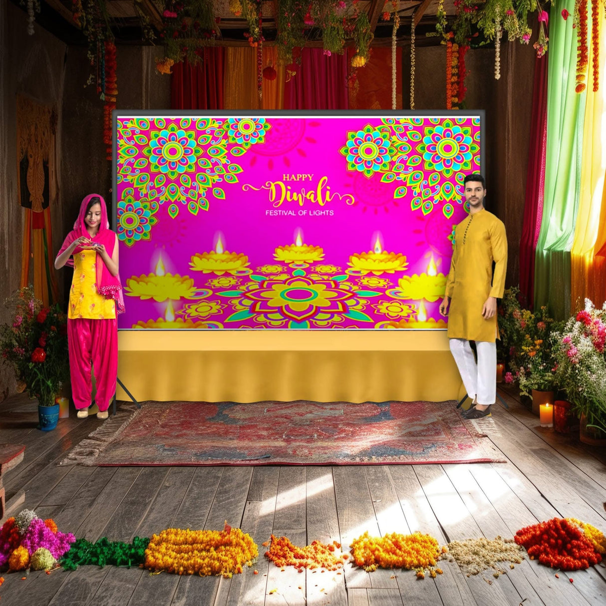 5x8 Feet Happy Diwali Banner Indian Traditional Cloth Backdrop Indian Diwali Decor Pooja Wall Decor Indian Wall Art Photo Decor Banner Decorative Pooja Cloth Diwali Celebration - LoveNspire
