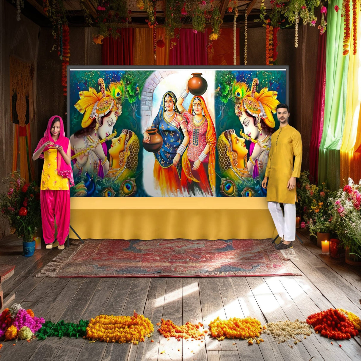 5x8 Feet Radha Krishna Backdrop Indian Traditional Cloth Backdrop Pooja Wall Decor Indian Wall Art Photo Decor Banner Indian Janmashtami Decor Decorative Pooja Cloth - LoveNspire