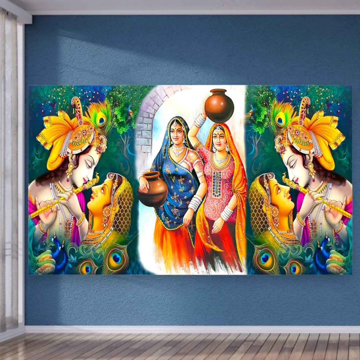 5x8 Feet Radha Krishna Backdrop Indian Traditional Cloth Backdrop Pooja Wall Decor Indian Wall Art Photo Decor Banner Indian Janmashtami Decor Decorative Pooja Cloth - LoveNspire