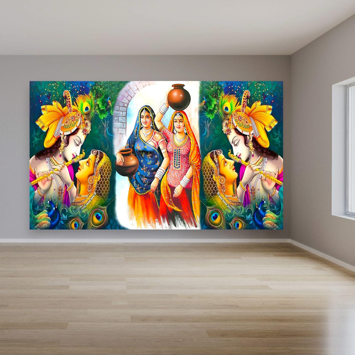 5x8 Feet Radha Krishna Backdrop Indian Traditional Cloth Backdrop Pooja Wall Decor Indian Wall Art Photo Decor Banner Indian Janmashtami Decor Decorative Pooja Cloth - LoveNspire