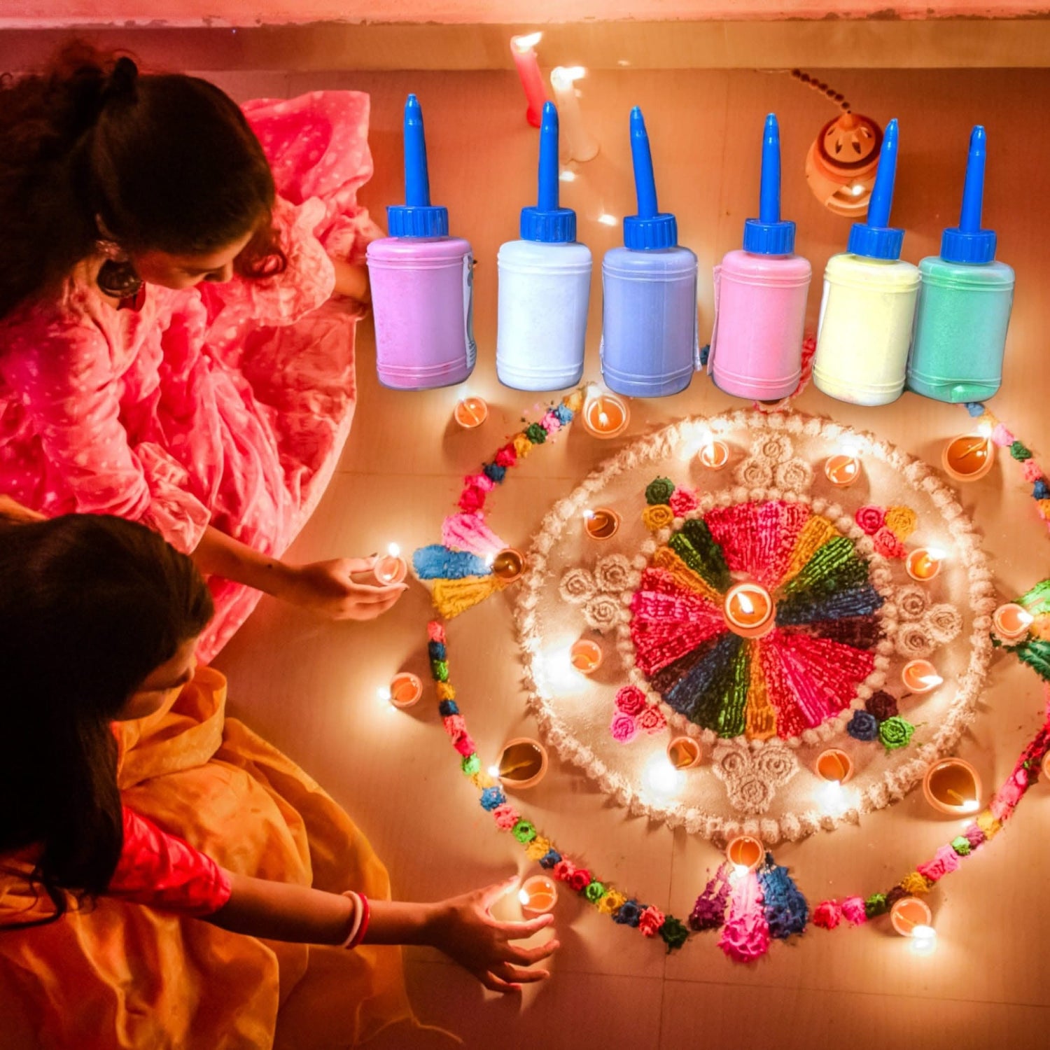 Rangoli Powder Kit Art Sand Diy Arts & Crafts Rangoli Colour Kit for Home Floor Table Diwali Navratri Pongal Puja Mandir Decor - Deepawali Decoration - Housewarming Return Gifts (6 Colors) - LoveNspire