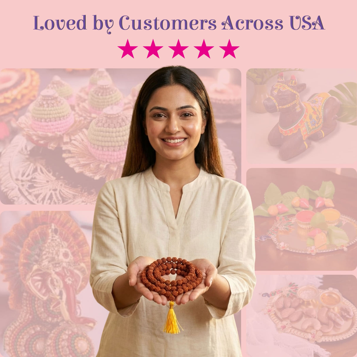 Brown round-beaded 5-face Panchmukhi Rudraksha mala with yellow tassel