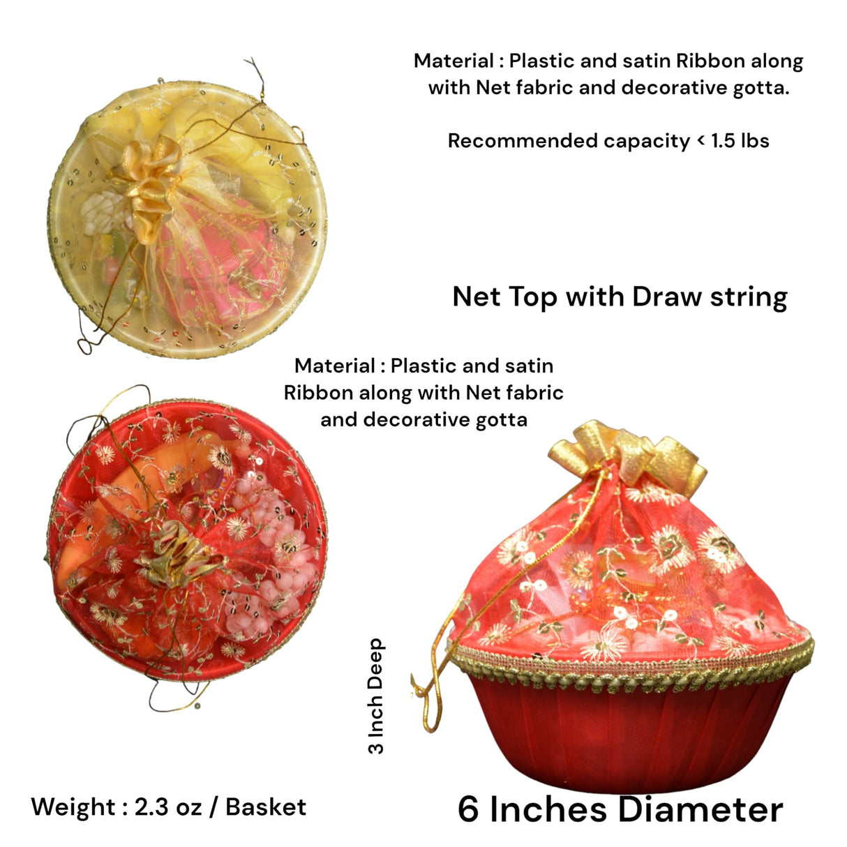 5ct - 6inch Handmade Decorated Gift Basket with Readymade Net Packing for Indian Wedding Baby Shower Engagement Diwali Housewarming Return Gifts - Baskets for Storage - LoveNspire