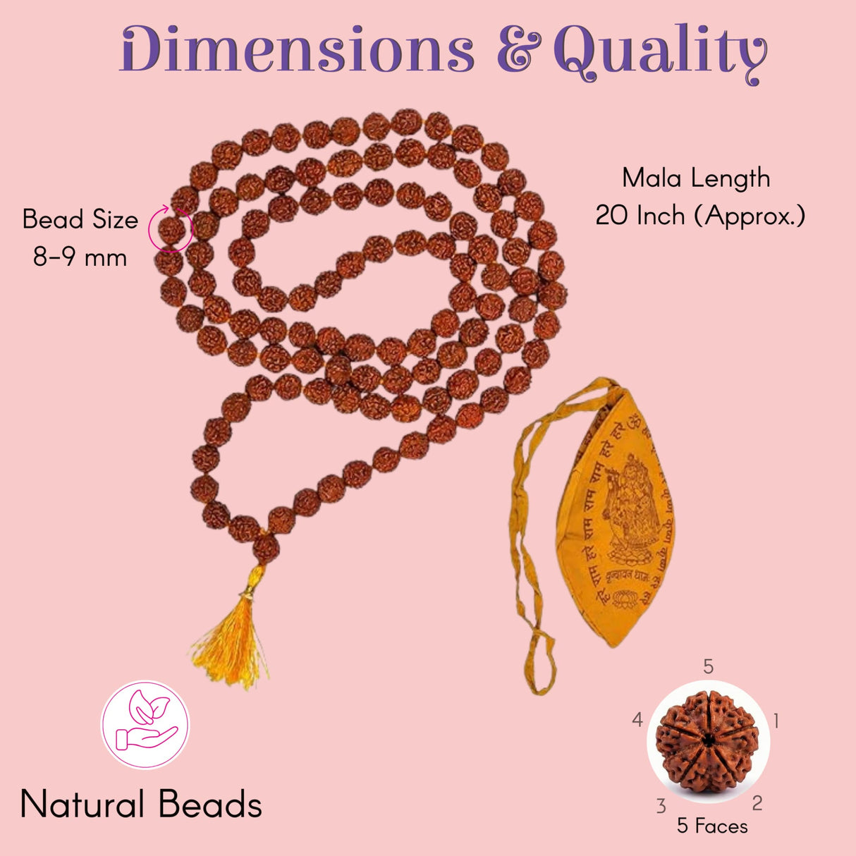20-inch 5-face brown rudraksha mala necklace, 108+1 beads 8-9mm, with japa bag