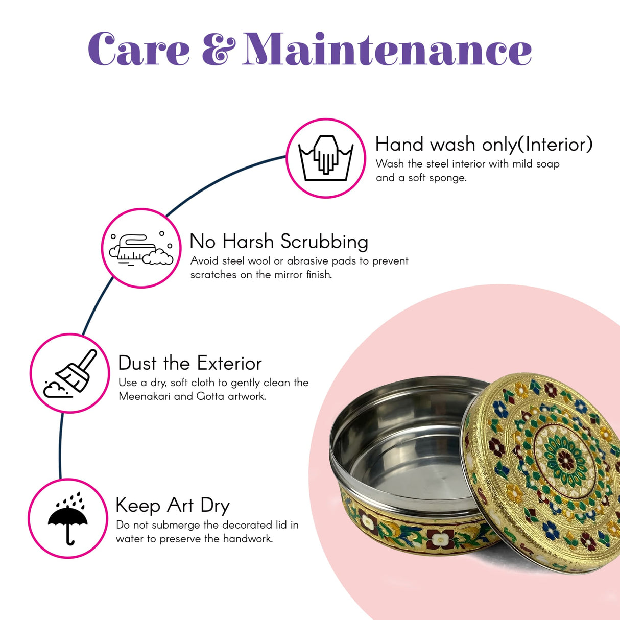 Decorative meenakari gotta lid on 7.5-inch stainless steel roti papad box