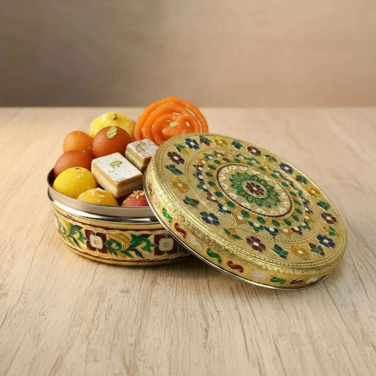 7.5 Inches Decorative Roti Papad Box Stainless Steel Small Sweet Storage Box Meenakari Container Laddu Box Spice Storage Unique Multipurpose Box Gift for Guest - LoveNspire