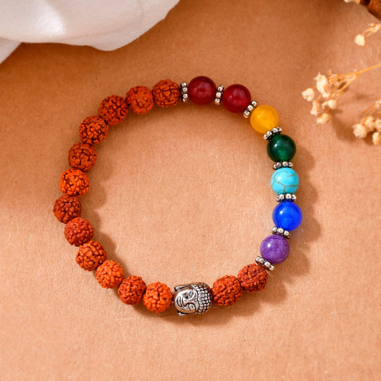 Beaded Chakra Bracelet with Buddha Charm featuring Rose Quartz gemstones for meditation