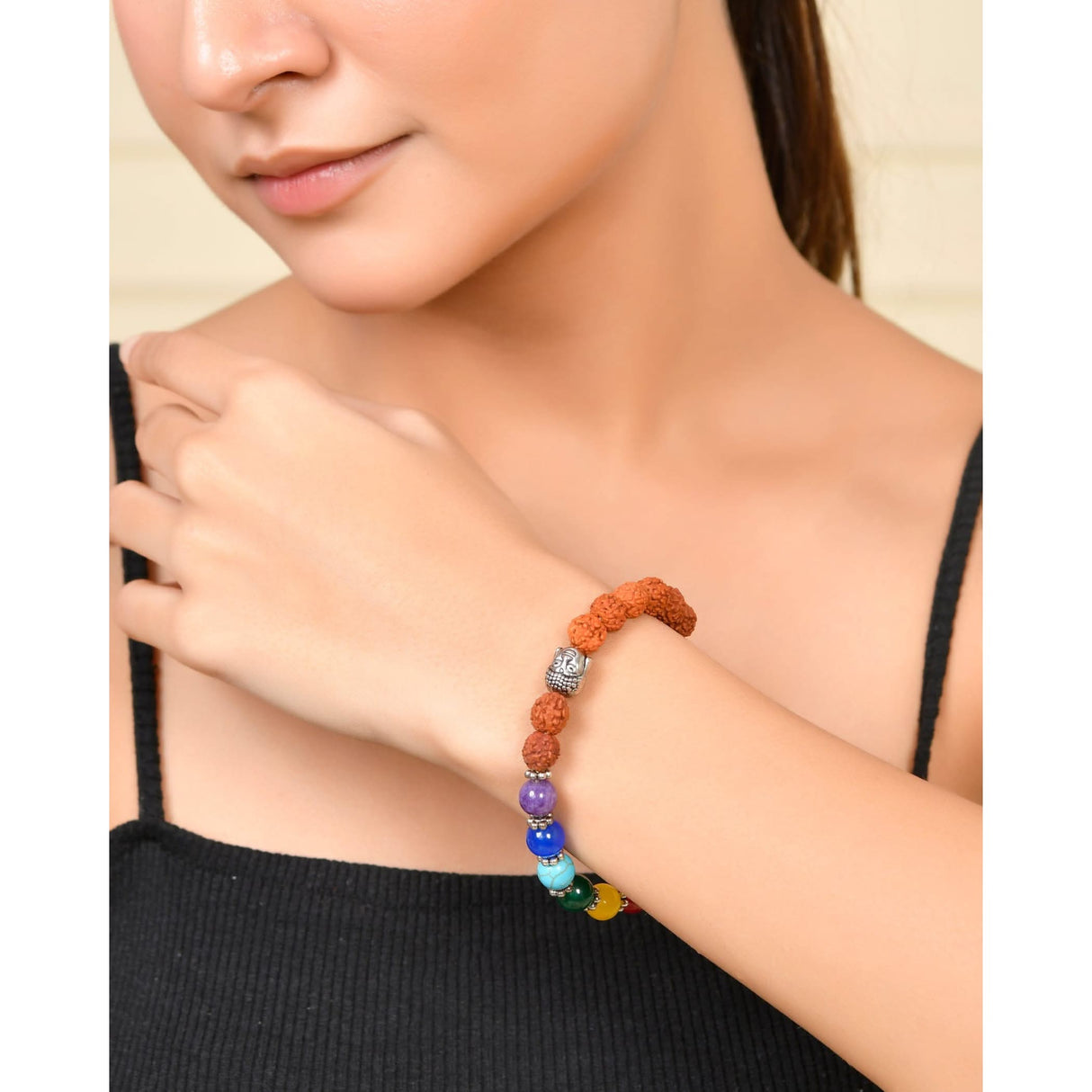 Beaded Chakra Bracelet with Buddha Head and Rose Quartz for Meditation and Healing