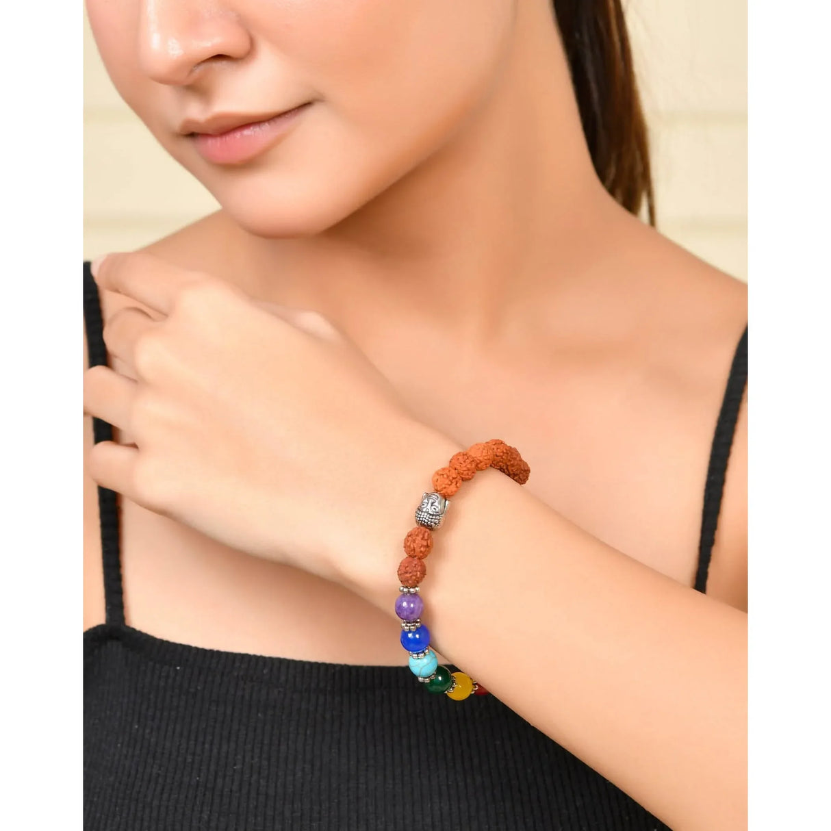 LOVENSPIRE 7 Chakra Rudraksha Bracelet with Buddha Head Natural Crystal Healing Stone Beaded Stretch Bracelet for Yoga Meditation Prayer Jewelry Gift for Men Women - LoveNspire