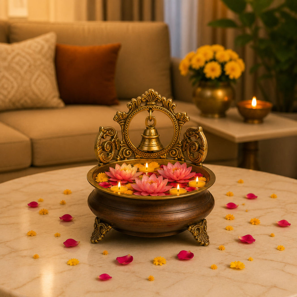 Ornate brass urli bowl with bell centerpiece in dark wood holding floating pink and yellow lotus flowers for home decor