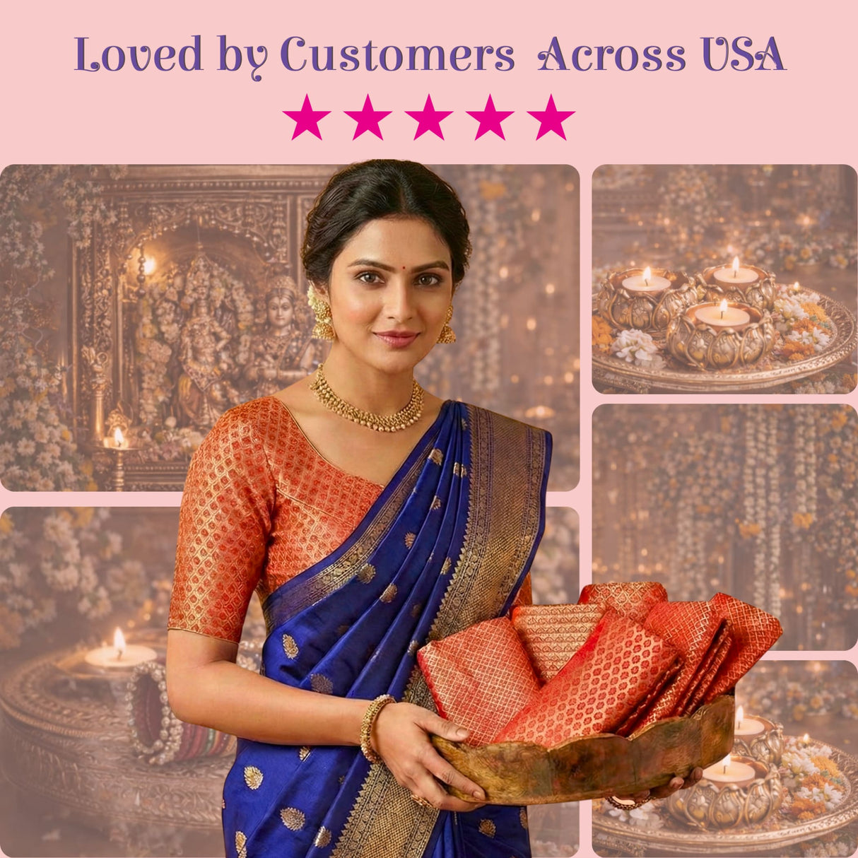 Woman in royal blue saree with gold zari border, orange geometric blouse