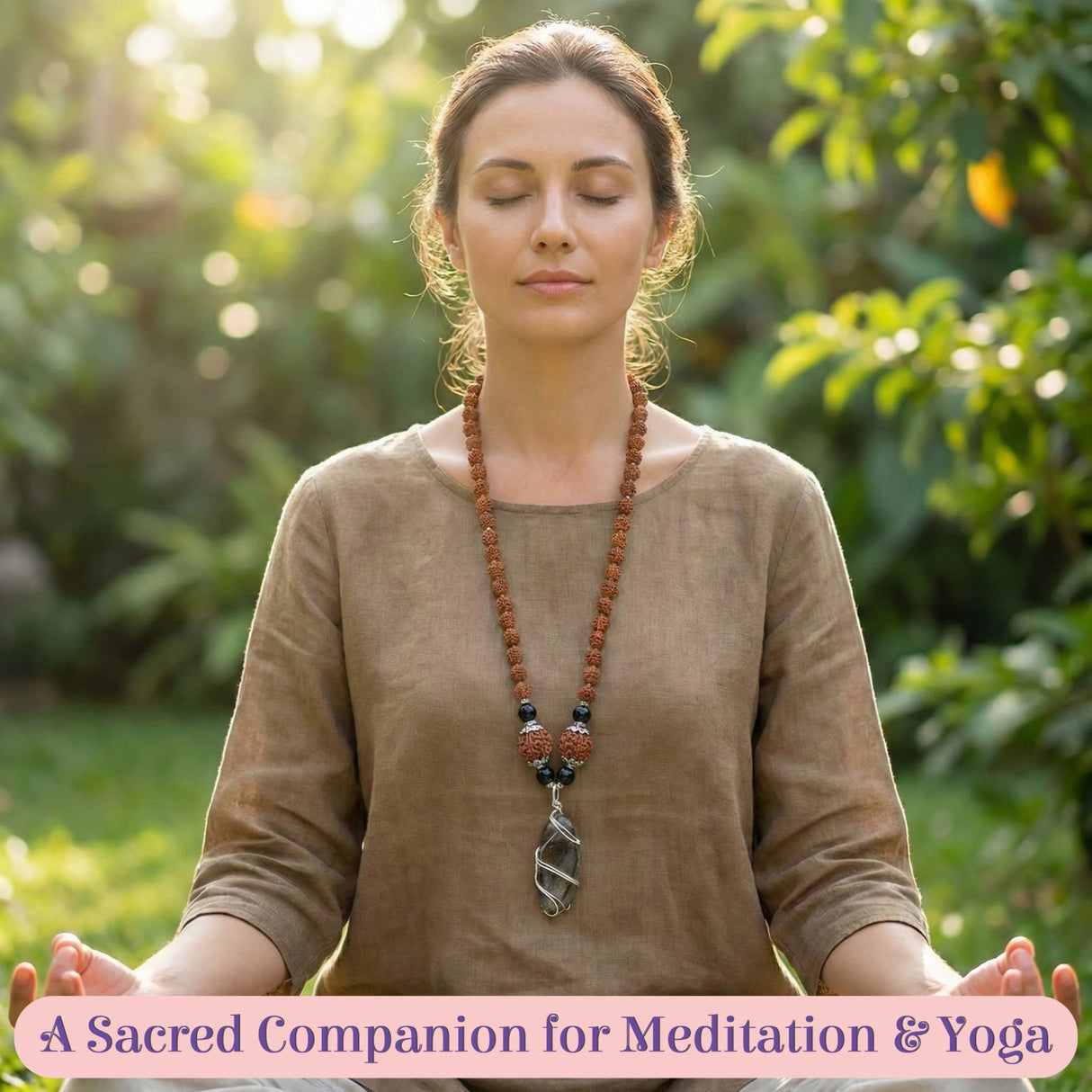 Long earthy-brown 5 Mukhi Rudraksha Mala with silver-wrapped Narmadeshwar Shivling pendant