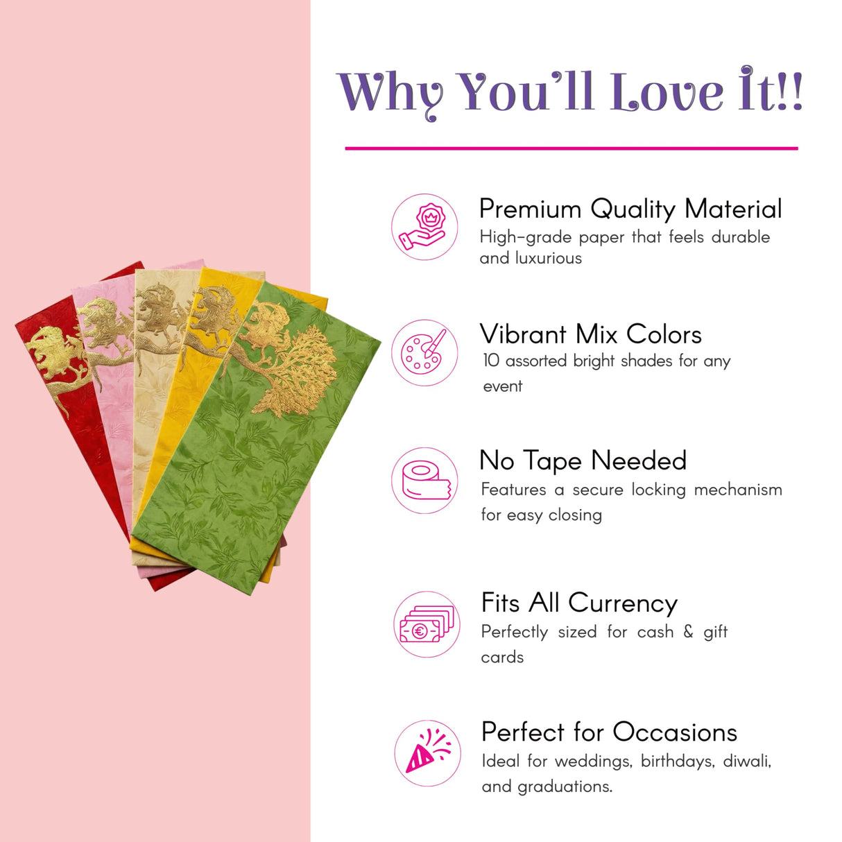 Colorful premium Shagun Maharaja envelopes with gold lion, floral, elephant designs