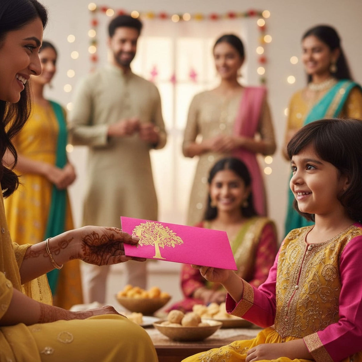 Vibrant pink Tree Shagun envelope with golden tree, held by adult and child at wedding