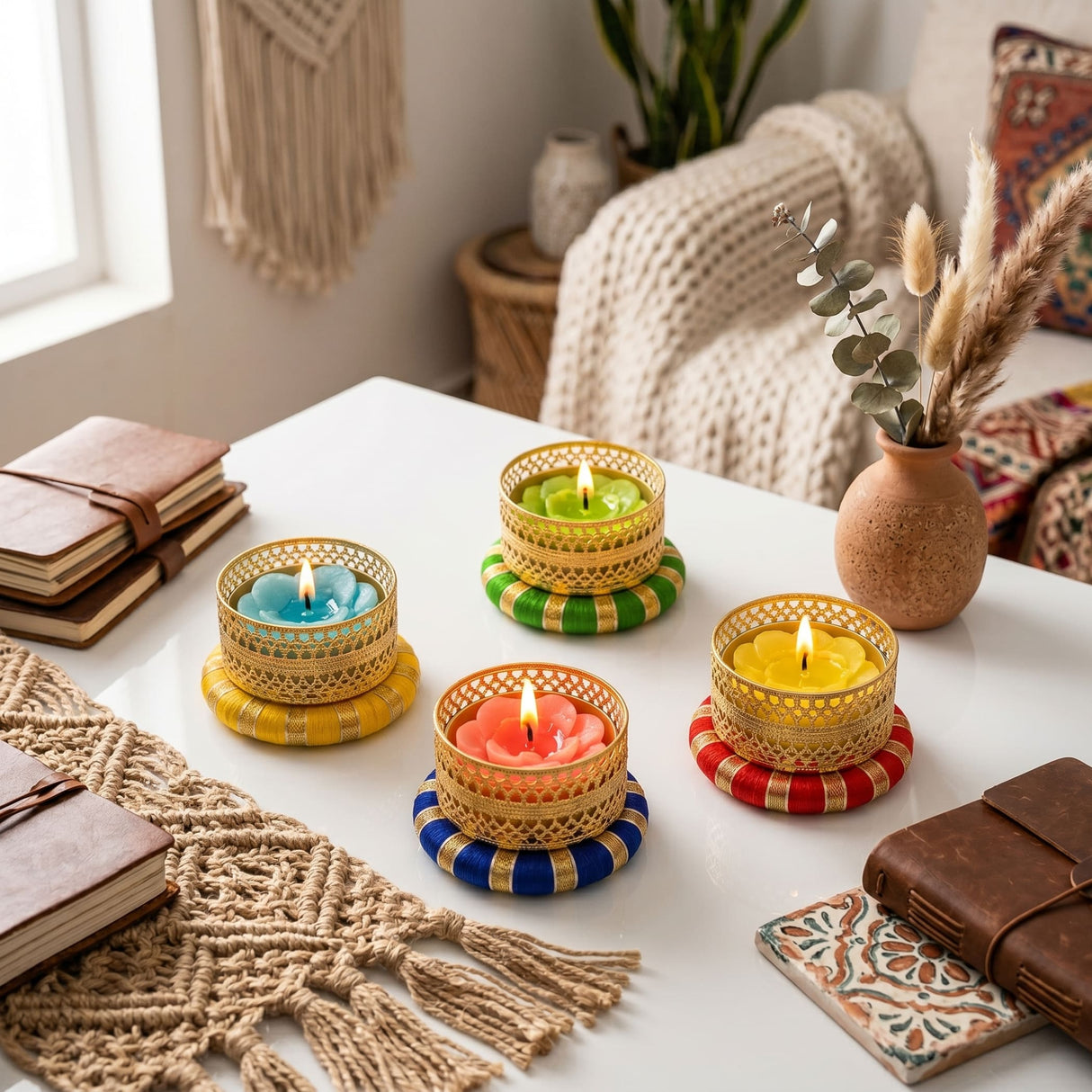 Set of 8 gold-toned intricately woven tealight candle holders with colorful lit candles for Diwali pooja and home decor