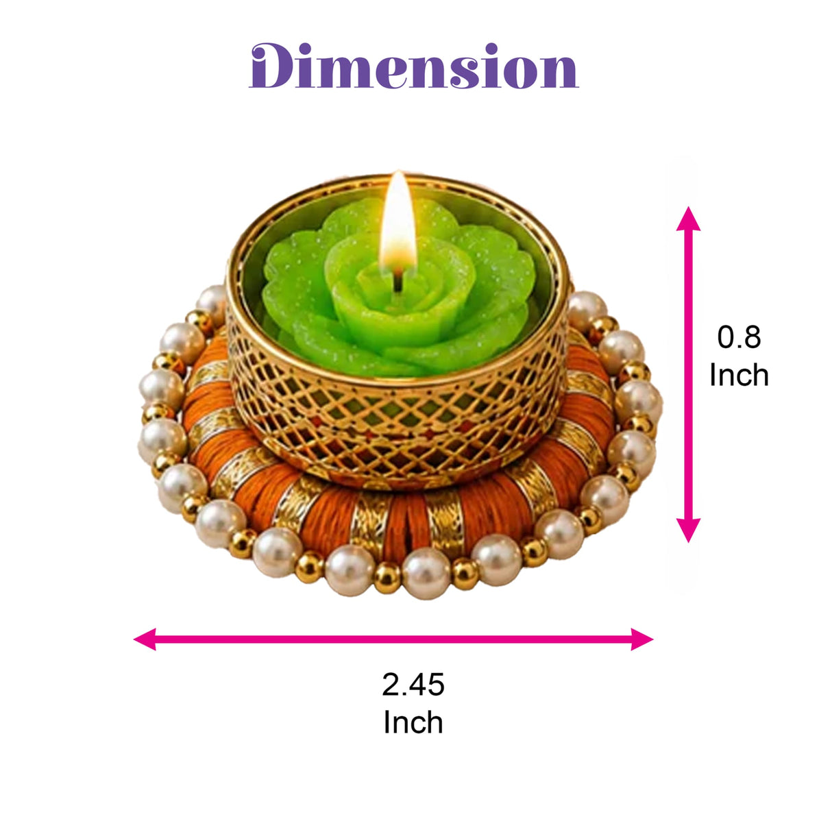 Set of 8 gold-toned lattice tealight candle holders with orange and pearl embellishments holding green rose candles for decor