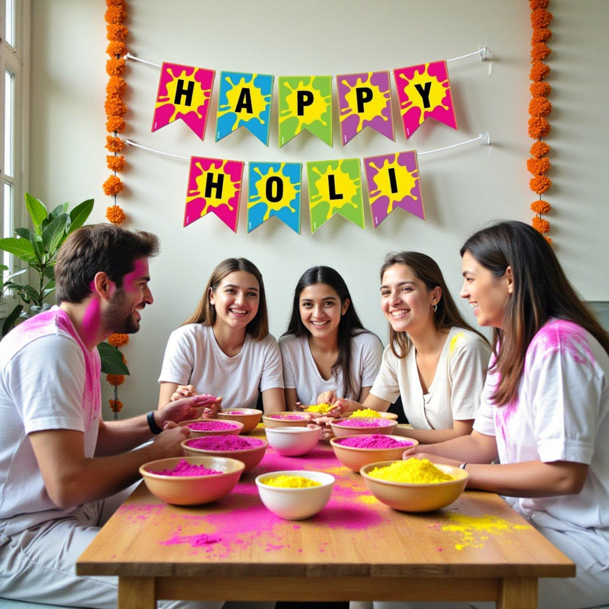 Colorful Happy Holi banner with pink blue green yellow splatters